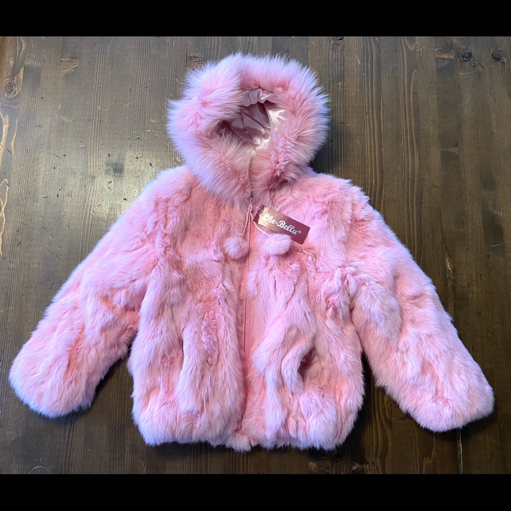 NEW Che-Bella Pink Authentic Rabbit Fur Hooded Coat